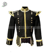 Front 6-Button Zip Closure Black Pipe Band Doublet With Gold Braid White Piping Jacket